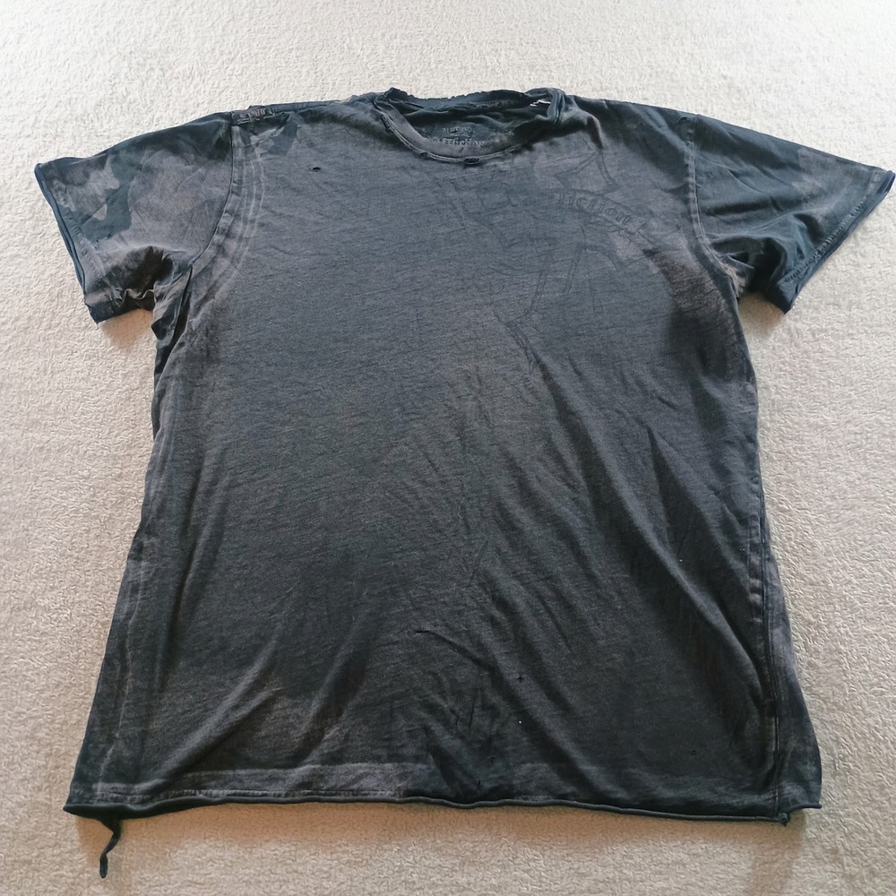 Affliction Men T-Shirt Distressed Graphic Faded Black Medium Raw Hem